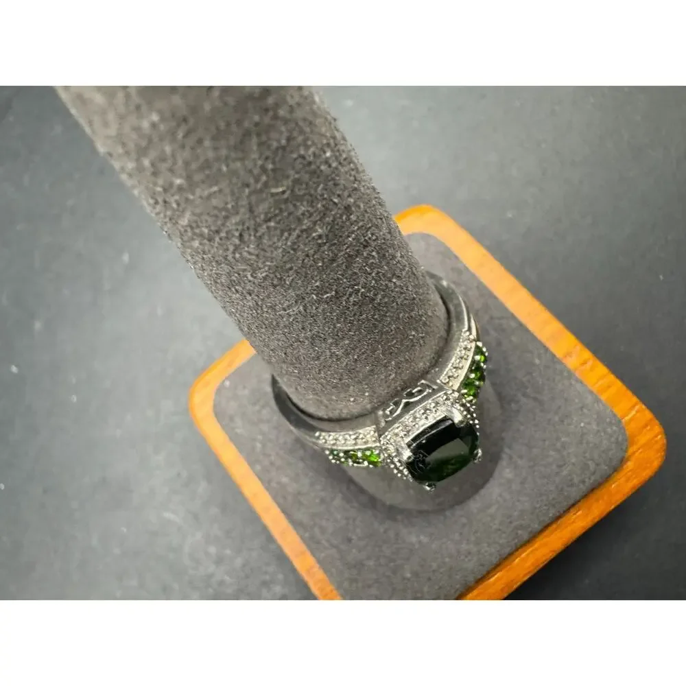 D'JOY Sterling Silver 925 Chrome Diopside Cushion Cut Green Gemstone Ring Sz 10